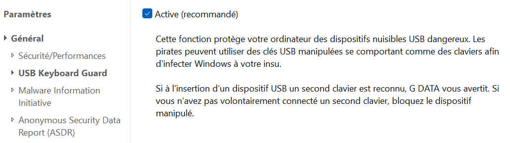 Paramétrage G DATA — USB Keyboard