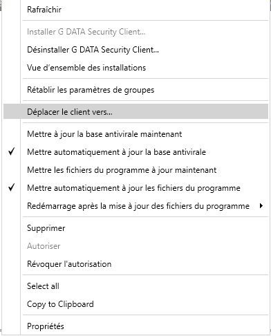 Menu Déplacer le client vers