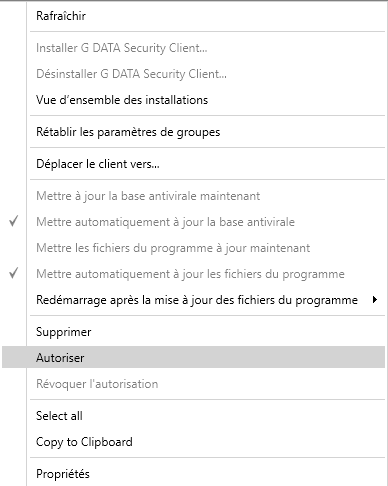 Menu Autoriser